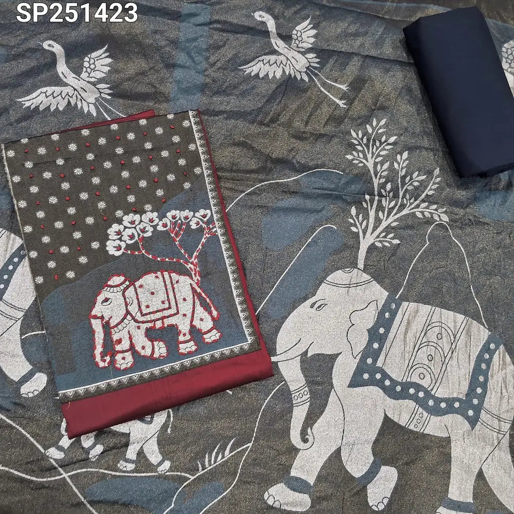 Maroon satin cotton unstitched salwar material, Elephant weaving yoke with thread work(lining optional) Black cotton bottom, soft tissue silk dupatta with zari &thread woven design. SP251424