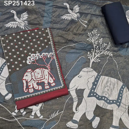 Maroon satin cotton unstitched salwar material, Elephant weaving yoke with thread work(lining optional) Black cotton bottom, soft tissue silk dupatta with zari &thread woven design. SP251424