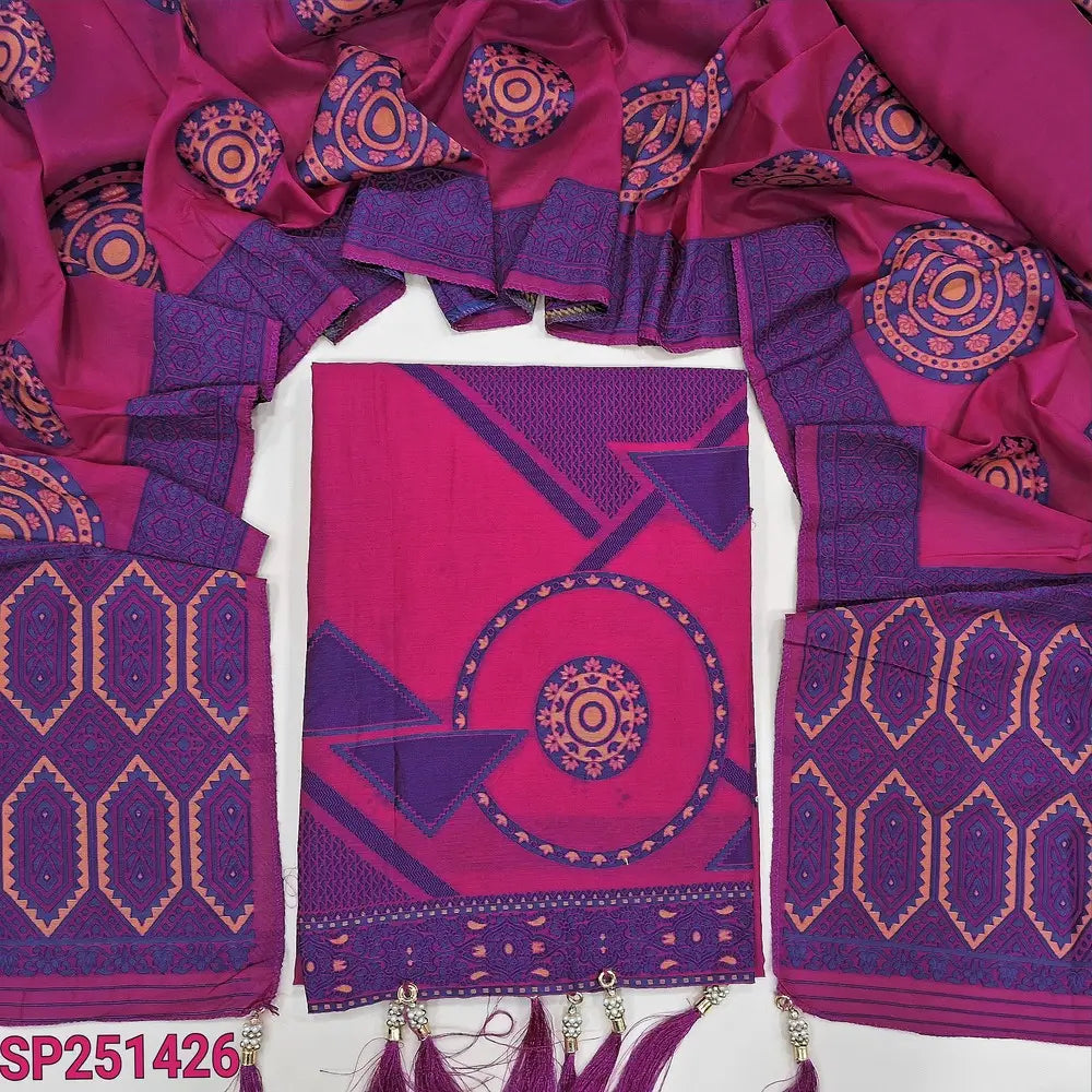 Bright Pink designer mul chanderi semi stitched salwar material, kantha stitch& sequins work on yoke, thread weaving design on front(lining needed)matching spun cotton bottom, mul chanderi dupatta with rich thread woven pallu. SP251426