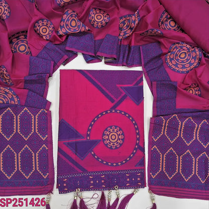Bright Pink designer mul chanderi semi stitched salwar material, kantha stitch& sequins work on yoke, thread weaving design on front(lining needed)matching spun cotton bottom, mul chanderi dupatta with rich thread woven pallu. SP251426