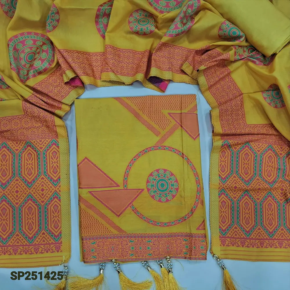 Bright mehandhi yellow designer mul chanderi semi stitched salwar material, kantha stitch& sequins work on yoke, thread weaving design on front(lining needed)matching spun cotton bottom, mul chanderi dupatta with rich thread woven pallu. SP251425