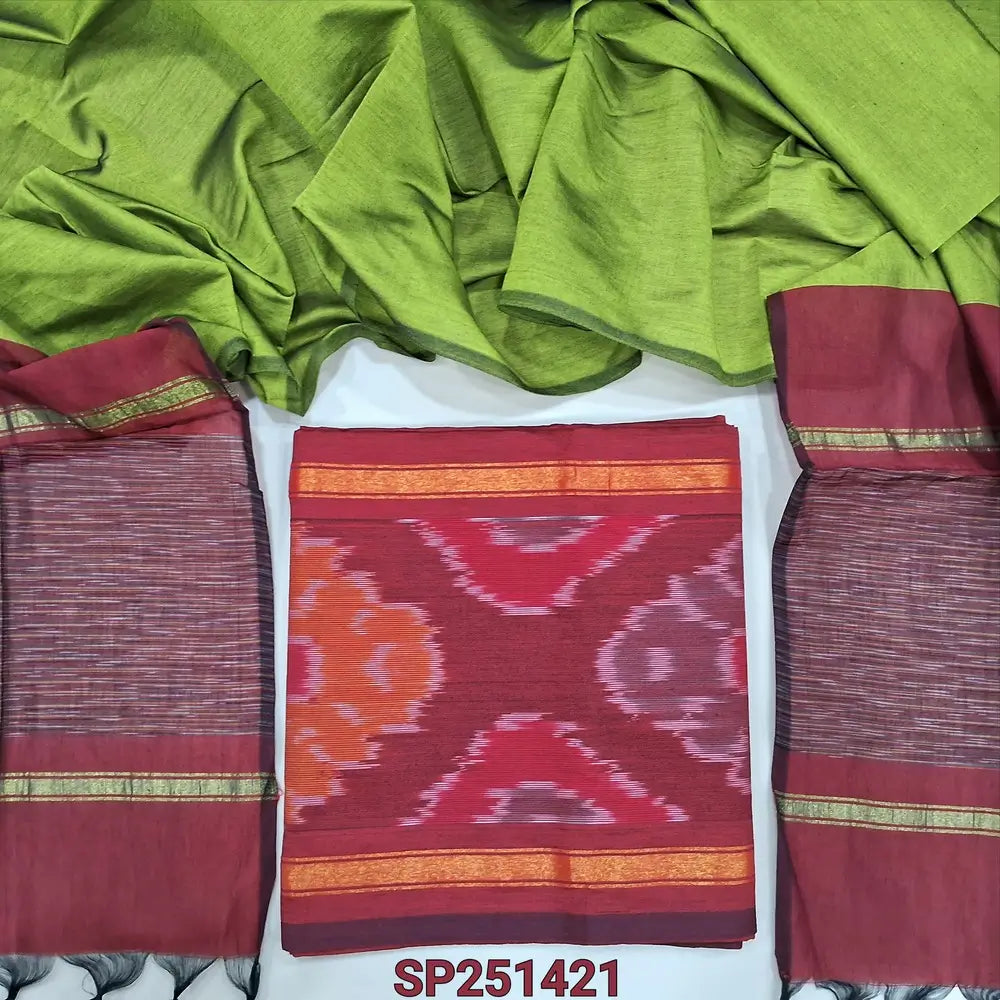 Reddish Maroon silk cotton unstitched salwar material, thread woven design on daman(lining needed) Tender Leaf Green silk cotton bottom, dual shaded silk cotton dupatta. SP251421