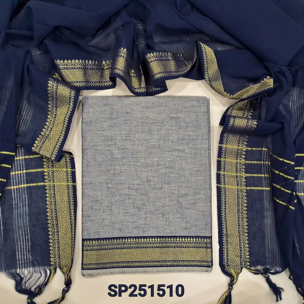Dual Shaded Grey with Green mangalgiri pure handloom cotton unstitched salwar material, Borders on daman(lining needed)dark blue pure cotton bottom, handloom cotton dupatta with zari woven borders. SP251510
