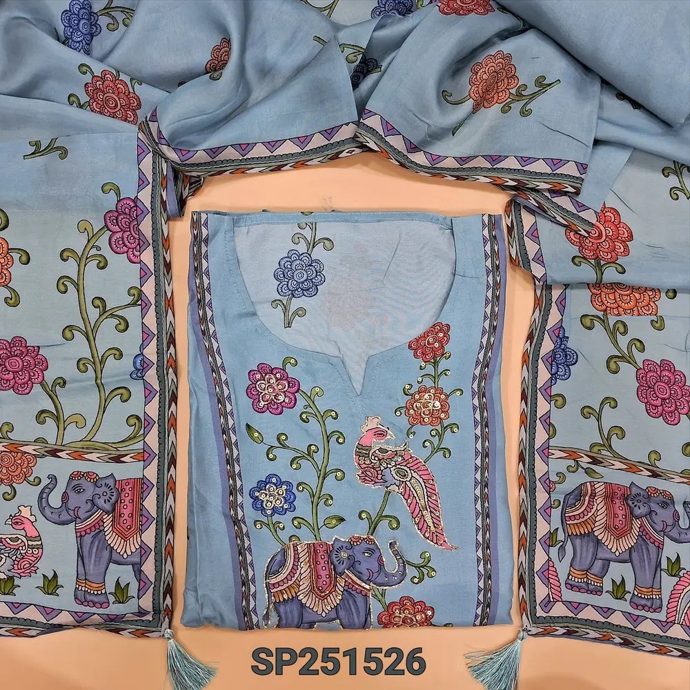 Light Blueish Grey printed premium russian silk unstitched salwar material, v neck with bead& zardozi Work(lining needed)matching santoon bottom, digital printed pure russian silk short width dupatta. SP251526