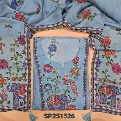 Light Blueish Grey printed premium russian silk unstitched salwar material, v neck with bead& zardozi Work(lining needed)matching santoon bottom, digital printed pure russian silk short width dupatta. SP251526