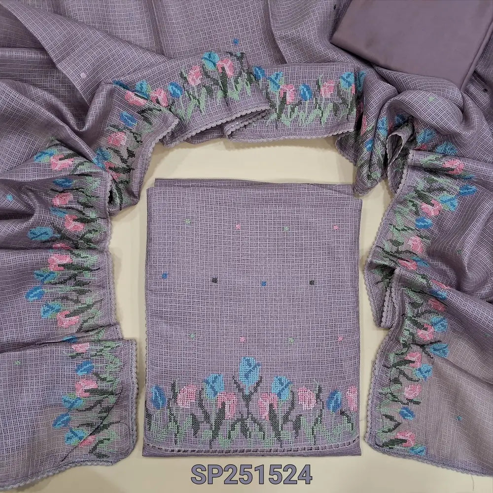 Light Mauve fancy kota silk cotton unstitched salwar material, cross stitch embroidery on yoke (Thin, Lining Needed) matching silky bottom, kota silk cotton dupatta with embroidery and lace tapings. SP251524