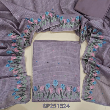Light Mauve fancy kota silk cotton unstitched salwar material, cross stitch embroidery on yoke (Thin, Lining Needed) matching silky bottom, kota silk cotton dupatta with embroidery and lace tapings. SP251524