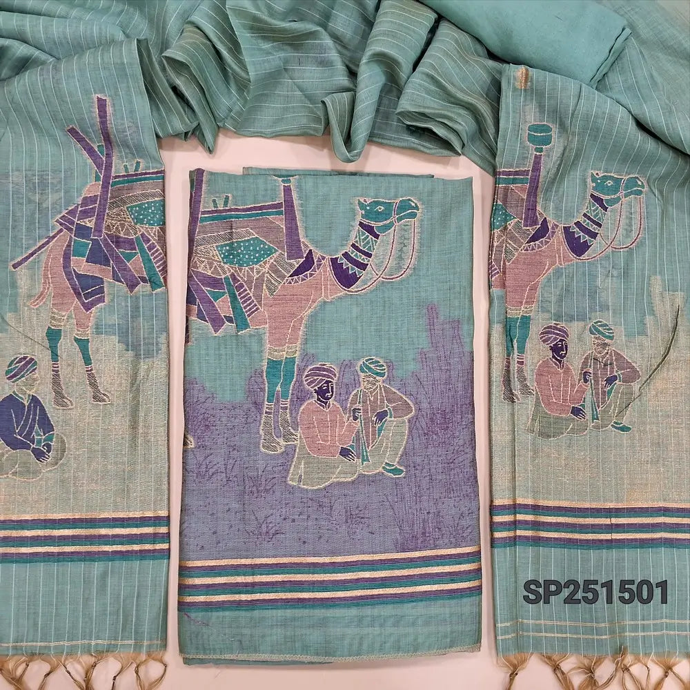 Greenish Blue Jamdani woven silk cotton unstitched salwar material (Thin, Lining Needed)thread and zari weaving on daman, matching santoon bottom, jamdani woven full length silk cotton dupatta. SP251502