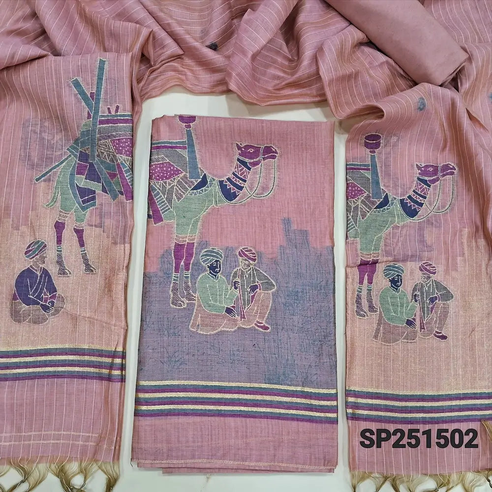 Pastel Pink Jamdani woven silk cotton unstitched salwar material (Thin, Lining Needed)thread and zari weaving on daman, matching santoon bottom, jamdani woven full length silk cotton dupatta. SP251503