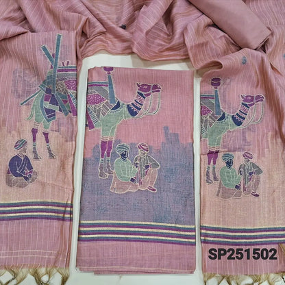 Pastel Pink Jamdani woven silk cotton unstitched salwar material (Thin, Lining Needed)thread and zari weaving on daman, matching santoon bottom, jamdani woven full length silk cotton dupatta. SP251503
