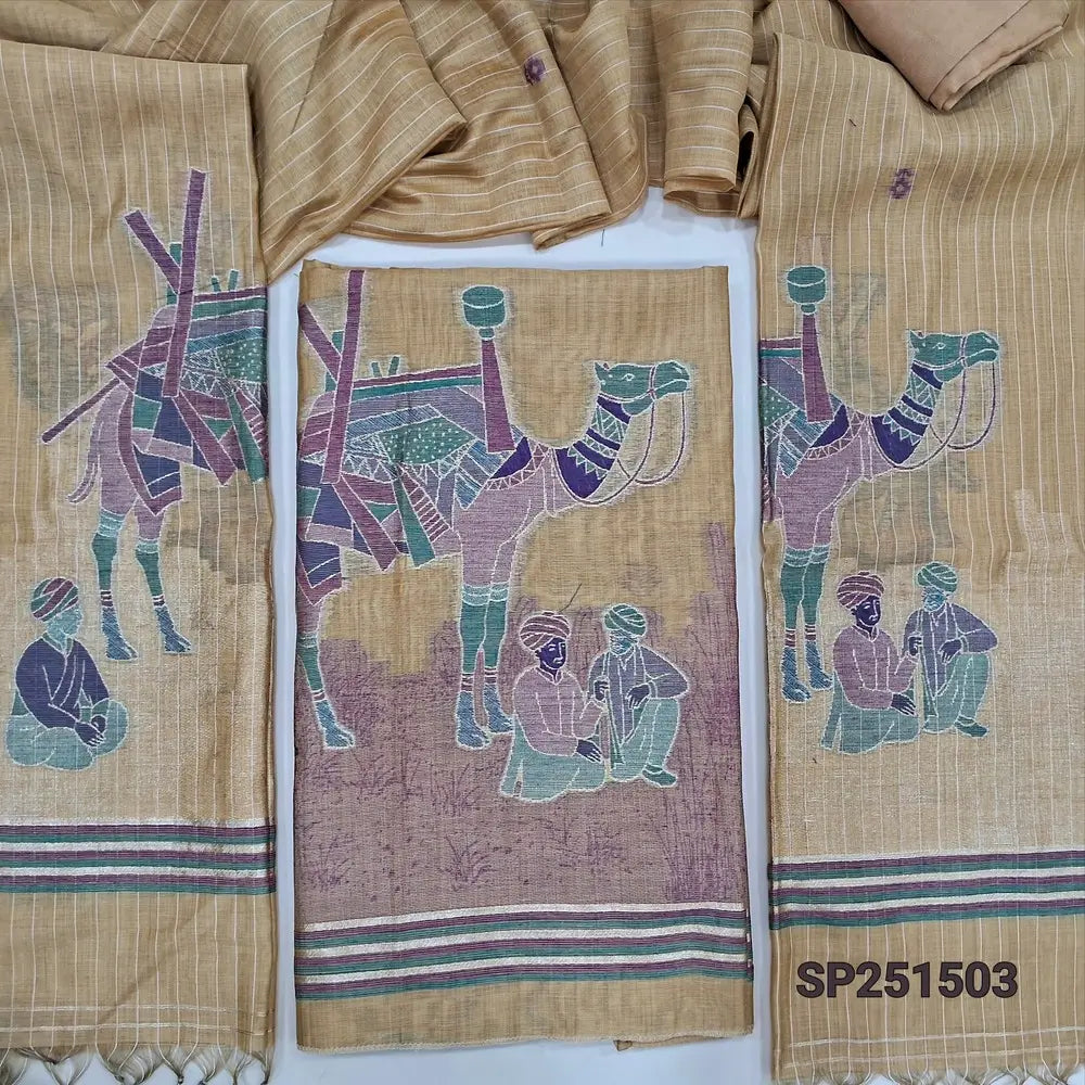 Dark Beige Jamdani woven silk cotton unstitched salwar material (Thin, Lining Needed)thread and zari weaving on daman, matching santoon bottom, jamdani woven full length silk cotton dupatta. SP251504