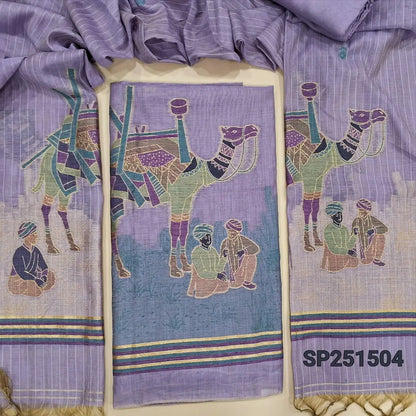 Lavender Jamdani woven silk cotton unstitched salwar material (Thin, Lining Needed)thread and zari weaving on daman, matching santoon bottom, jamdani woven full length silk cotton dupatta. SP251501