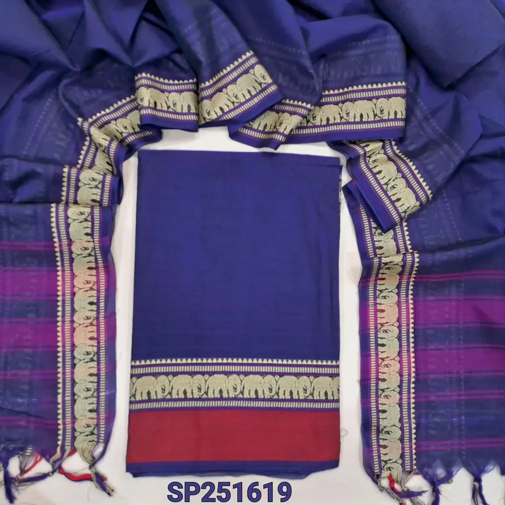 Royal Blue With Maroon Dharwad mercerized handloom cotton unstitched salwar material, thread weaving design on daman(lining needed)matching handloom cotton bottom, Dharwad mercerized handloom cotton dupatta with borders. SP251619