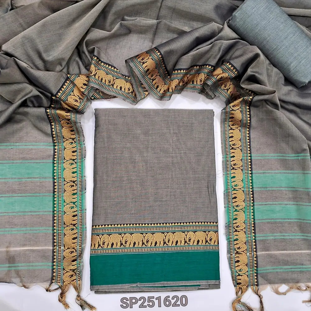 Greyish Beige With Turquoise Green Dharwad mercerized handloom cotton unstitched salwar material, thread weaving design on daman(lining needed)matching handloom cotton bottom, Dharwad mercerized handloom cotton dupatta with borders. SP251620