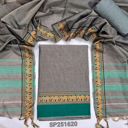 Greyish Beige With Turquoise Green Dharwad mercerized handloom cotton unstitched salwar material, thread weaving design on daman(lining needed)matching handloom cotton bottom, Dharwad mercerized handloom cotton dupatta with borders. SP251620