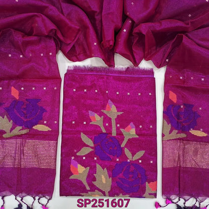 Rani Pink premium tissue linen jamdani woven unstitched salwar material, Sequins woven along with the fabric (Textured, Lining Needed) NO BOTTOM, Jamdani woven full length dupatta. SP251607