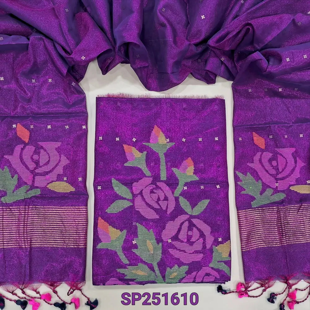 Purple premium tissue linen jamdani woven unstitched salwar material, Sequins woven along with the fabric (Textured, Lining Needed) NO BOTTOM, Jamdani woven full length dupatta. SP251610