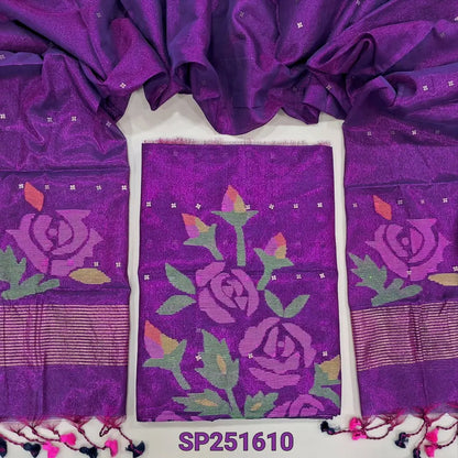 Purple premium tissue linen jamdani woven unstitched salwar material, Sequins woven along with the fabric (Textured, Lining Needed) NO BOTTOM, Jamdani woven full length dupatta. SP251610