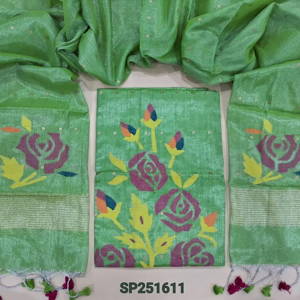 PREORDER SHIPPING AFTER 1 WEEK Bright Green premium tissue linen jamdani woven unstitched salwar material, Sequins woven along with the fabric (Textured, Lining Needed) NO BOTTOM, Jamdani woven full length dupatta. SP251611