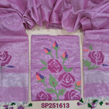 Pastel Pink with silver tint premium tissue linen jamdani woven unstitched salwar material, Sequins woven along with the fabric (Textured, Lining Needed) NO BOTTOM, Jamdani woven full length dupatta. SP251613