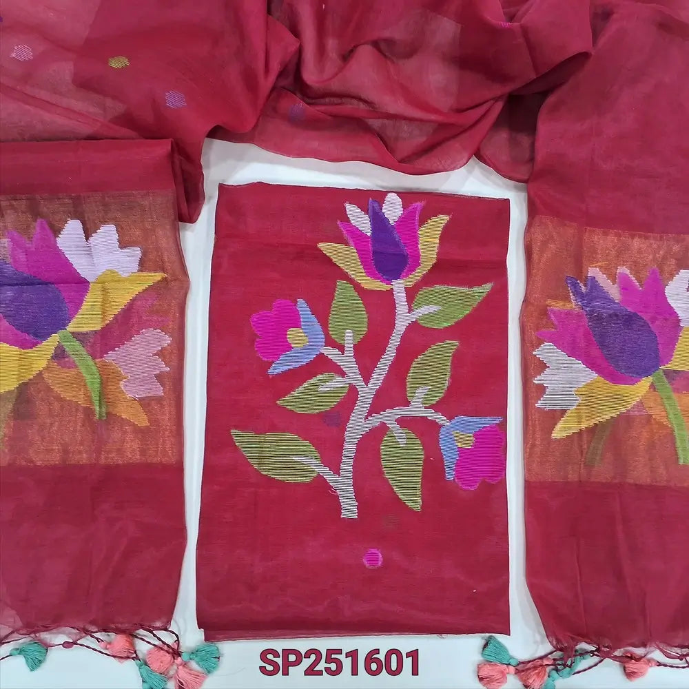 Bright Red Muslin jamdani handwoven unstitched salwar material, Floral weaving on yoke (Thin, Lining Needed) NO BOTTOM, Full length jamdani woven dupatta with gold tissue pallue and handmade tassels. SP251601