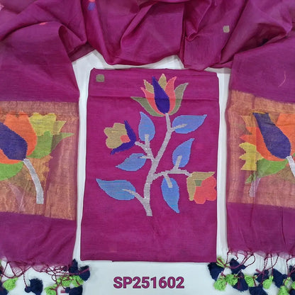 Bright Pink Muslin jamdani handwoven unstitched salwar material, Floral weaving on yoke (Thin, Lining Needed) NO BOTTOM, Full length jamdani woven dupatta with gold tissue pallue and handmade tassels. SP251606