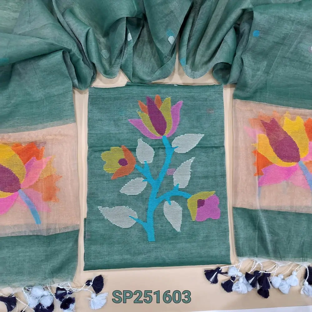 Sage Green Muslin jamdani handwoven unstitched salwar material, Floral weaving on yoke (Thin, Lining Needed) NO BOTTOM, Full length jamdani woven dupatta with gold tissue pallue and handmade tassels. SP251603