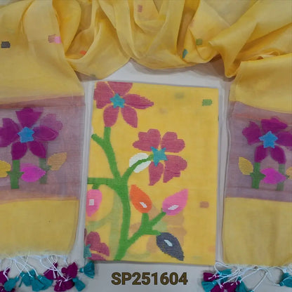 Pastel Yellow Muslin jamdani handwoven unstitched salwar material, Floral weaving on yoke (Thin, Lining Needed) NO BOTTOM, Full length jamdani woven dupatta with gold tissue pallue and handmade tassels. SP251604