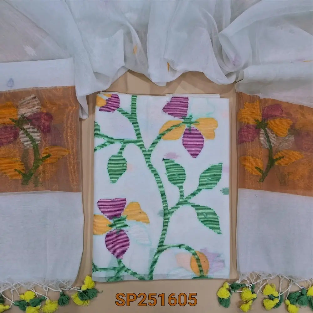 Half White Muslin jamdani handwoven unstitched salwar material, Floral weaving on yoke (Thin, Lining Needed) NO BOTTOM, Full length jamdani woven dupatta with gold tissue pallue and handmade tassels. SP251605