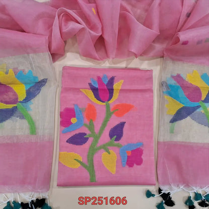 Pastel Pink Muslin jamdani handwoven unstitched salwar material, Floral weaving on yoke (Thin, Lining Needed) NO BOTTOM, Full length jamdani woven dupatta with gold tissue pallue and handmade tassels. SP251602