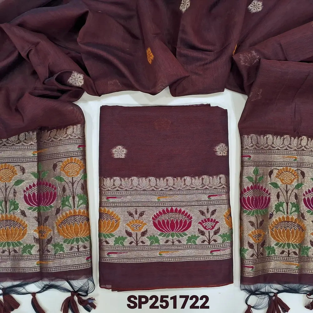 Dark Maroon Jamdani woven premium silk cotton unstitched salwar material, rich paithani weaving on daman (Thin, Lining Needed) silk cotton bottom, full length jamdani woven dupatta with rich pallu and handmade tassels. SP251722