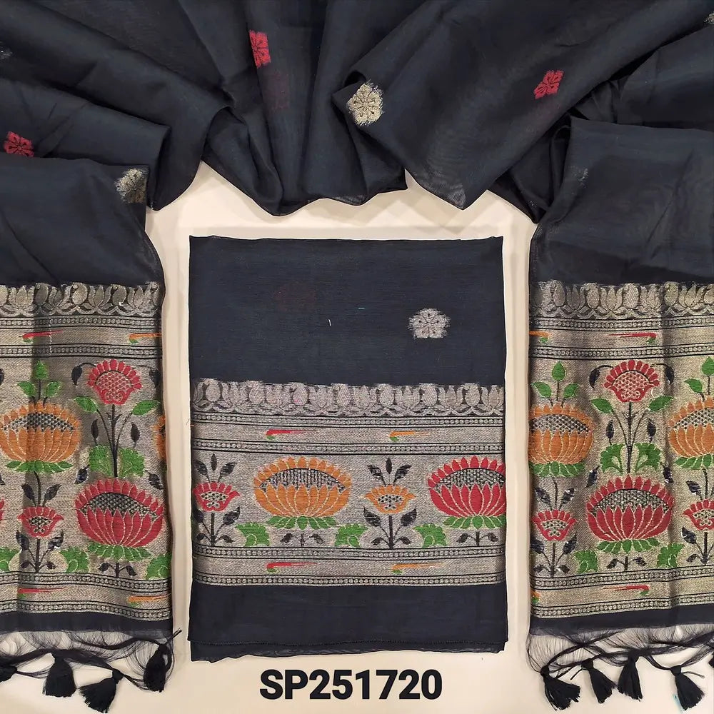 Black Jamdani woven premium silk cotton unstitched salwar material, rich paithani weaving on daman (Thin, Lining Needed) silk cotton bottom, full length jamdani woven dupatta with rich pallu and handmade tassels. SP251720