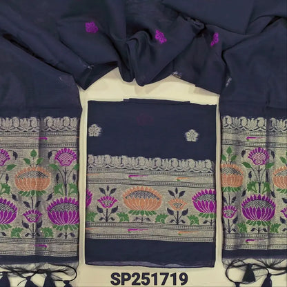Dark Blue Jamdani woven premium silk cotton unstitched salwar material, rich paithani weaving on daman (Thin, Lining Needed) silk cotton bottom, full length jamdani woven dupatta with rich pallu and handmade tassels. SP251719
