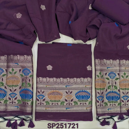 Dark Purple Jamdani woven premium silk cotton unstitched salwar material, rich paithani weaving on daman (Thin, Lining Needed) silk cotton bottom, full length jamdani woven dupatta with rich pallu and handmade tassels. SP251721