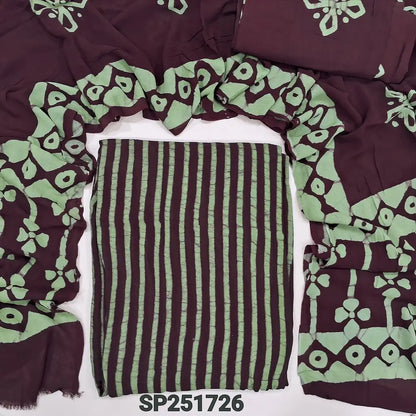 Dark Maroon with Light green pure crepe georgette unstitched salwar material with original wax batik work (Thin, Flowy, Lining Needed) Santoon bottom with batik pattern, Crepe Georgette Dupatta (TAPINGS NEEDED) SP251726
