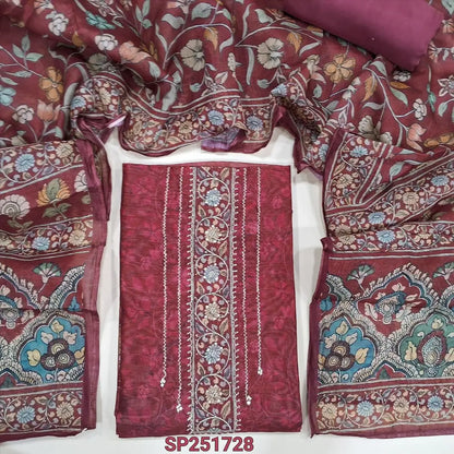 Maroon digital printed silk cotton unstitched salwar material, zari and sequins work on yoke and daman (Thin, Lining Needed) matching santoon bottom, digital printed silk cotton dupatta. SP251728