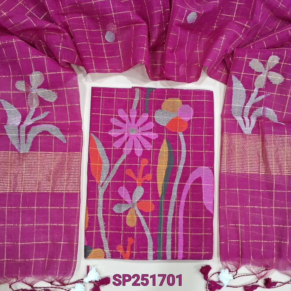 Bright Pink Muslin jamdani unstitched salwar material, zari checks all over with thread weaving on daman(thin, lining needed)NO BOTTOM, muslin jamdani full length dupatta with tissue pallu & handmade tassels. SP251701