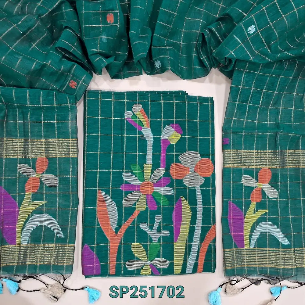 Bright Teal Green Muslin jamdani unstitched salwar material, zari checks all over with thread weaving on daman(thin, lining needed)NO BOTTOM, muslin jamdani full length dupatta with tissue pallu & handmade tassels. SP251702
