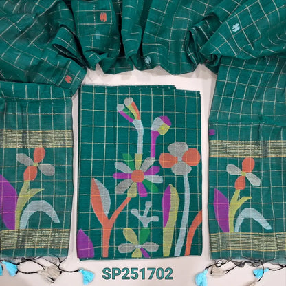 Bright Teal Green Muslin jamdani unstitched salwar material, zari checks all over with thread weaving on daman(thin, lining needed)NO BOTTOM, muslin jamdani full length dupatta with tissue pallu & handmade tassels. SP251702
