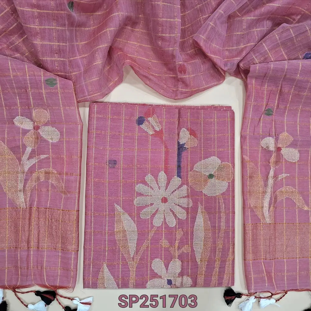 Pastel Pink Muslin jamdani unstitched salwar material, zari checks all over with thread weaving on daman(thin, lining needed)NO BOTTOM, muslin jamdani full length dupatta with tissue pallu & handmade tassels. SP251703