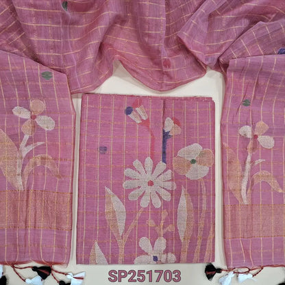 Pastel Pink Muslin jamdani unstitched salwar material, zari checks all over with thread weaving on daman(thin, lining needed)NO BOTTOM, muslin jamdani full length dupatta with tissue pallu & handmade tassels. SP251703