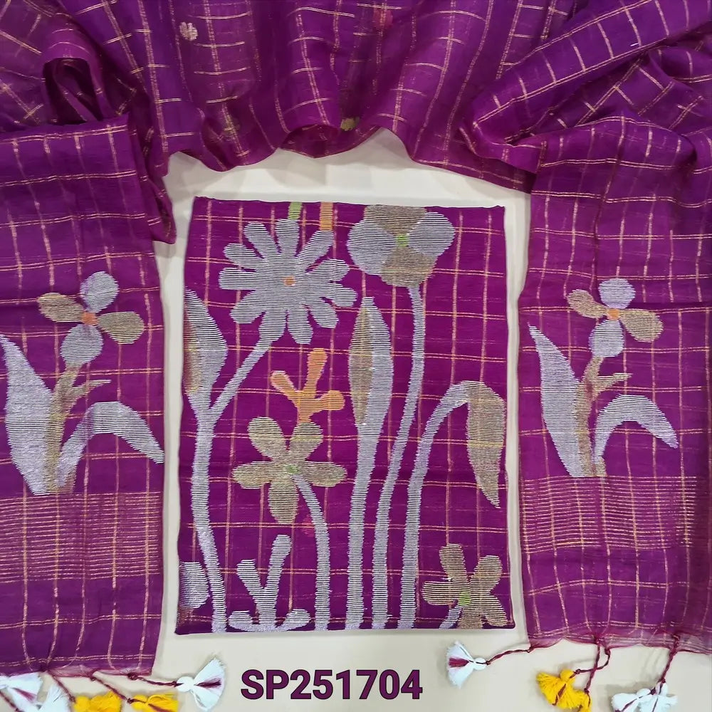 Bright Rani Pink Muslin jamdani unstitched salwar material, zari checks all over with thread weaving on daman(thin, lining needed)NO BOTTOM, muslin jamdani full length dupatta with tissue pallu & handmade tassels. SP251704