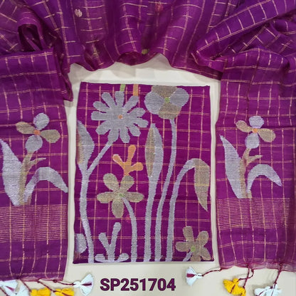 Bright Rani Pink Muslin jamdani unstitched salwar material, zari checks all over with thread weaving on daman(thin, lining needed)NO BOTTOM, muslin jamdani full length dupatta with tissue pallu & handmade tassels. SP251704