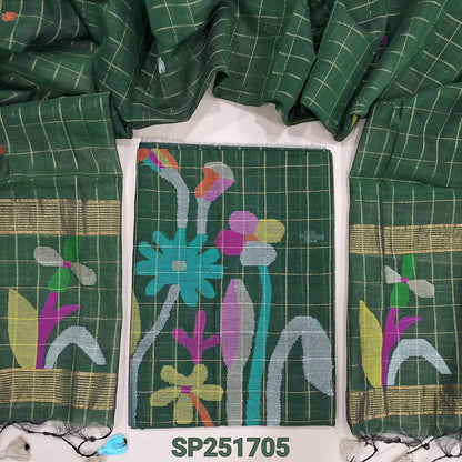 Bottle green Muslin jamdani unstitched salwar material, zari checks all over with thread weaving on daman(thin, lining needed)NO BOTTOM, muslin jamdani full length dupatta with tissue pallu & handmade tassels. SP251705