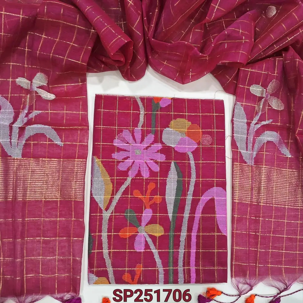 Rani Pink Muslin jamdani unstitched salwar material, zari checks all over with thread weaving on daman(thin, lining needed)NO BOTTOM, muslin jamdani full length dupatta with tissue pallu & handmade tassels. SP251706