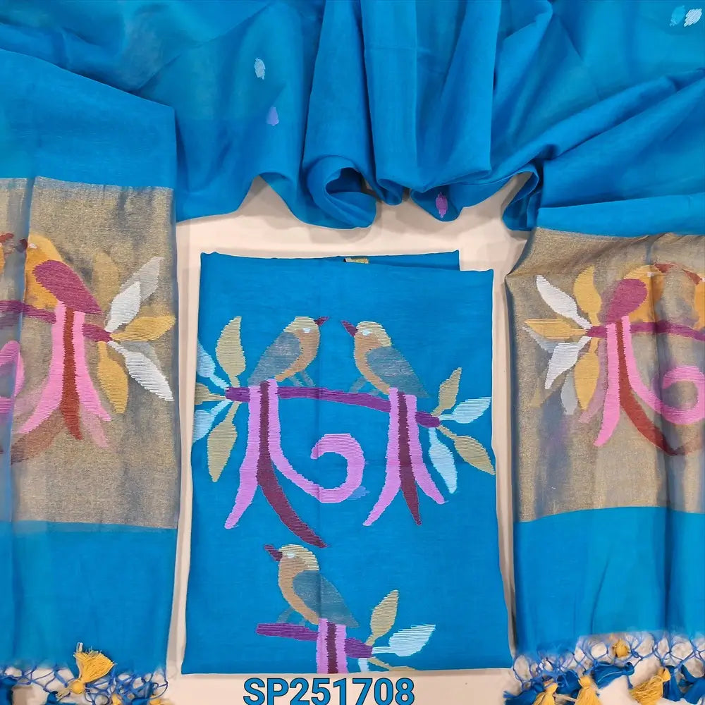 Bright turquoise blue Muslin jamdani unstitched salwar material, thread weaving on yoke& front(thin, lining needed)NO BOTTOM, muslin jamdani full length dupatta with tissue pallu& paithani weaving & handmade tassels. SP251708