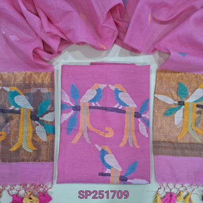 Pastel Pink Muslin jamdani unstitched salwar material, thread weaving on yoke& front(thin, lining needed)NO BOTTOM, muslin jamdani full length dupatta with tissue pallu& paithani weaving & handmade tassels. SP251709