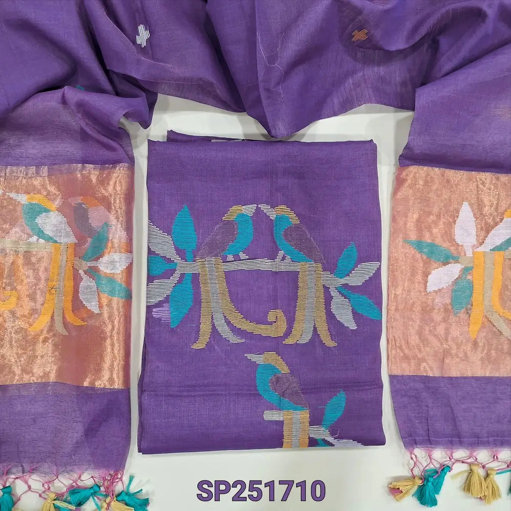 Dual shaded purple muslin jamdani unstitched salwar material, thread weaving on yoke& front(thin, lining needed)NO BOTTOM, muslin jamdani full length dupatta with tissue pallu& paithani weaving & handmade tassels. SP251710