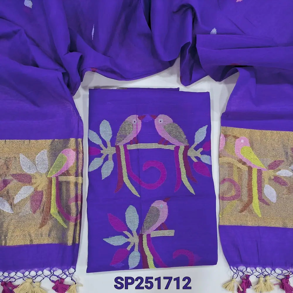 Royal Blue muslin jamdani unstitched salwar material, thread weaving on yoke& front(thin, lining needed)NO BOTTOM, muslin jamdani full length dupatta with tissue pallu& paithani weaving & handmade tassels. SP251712