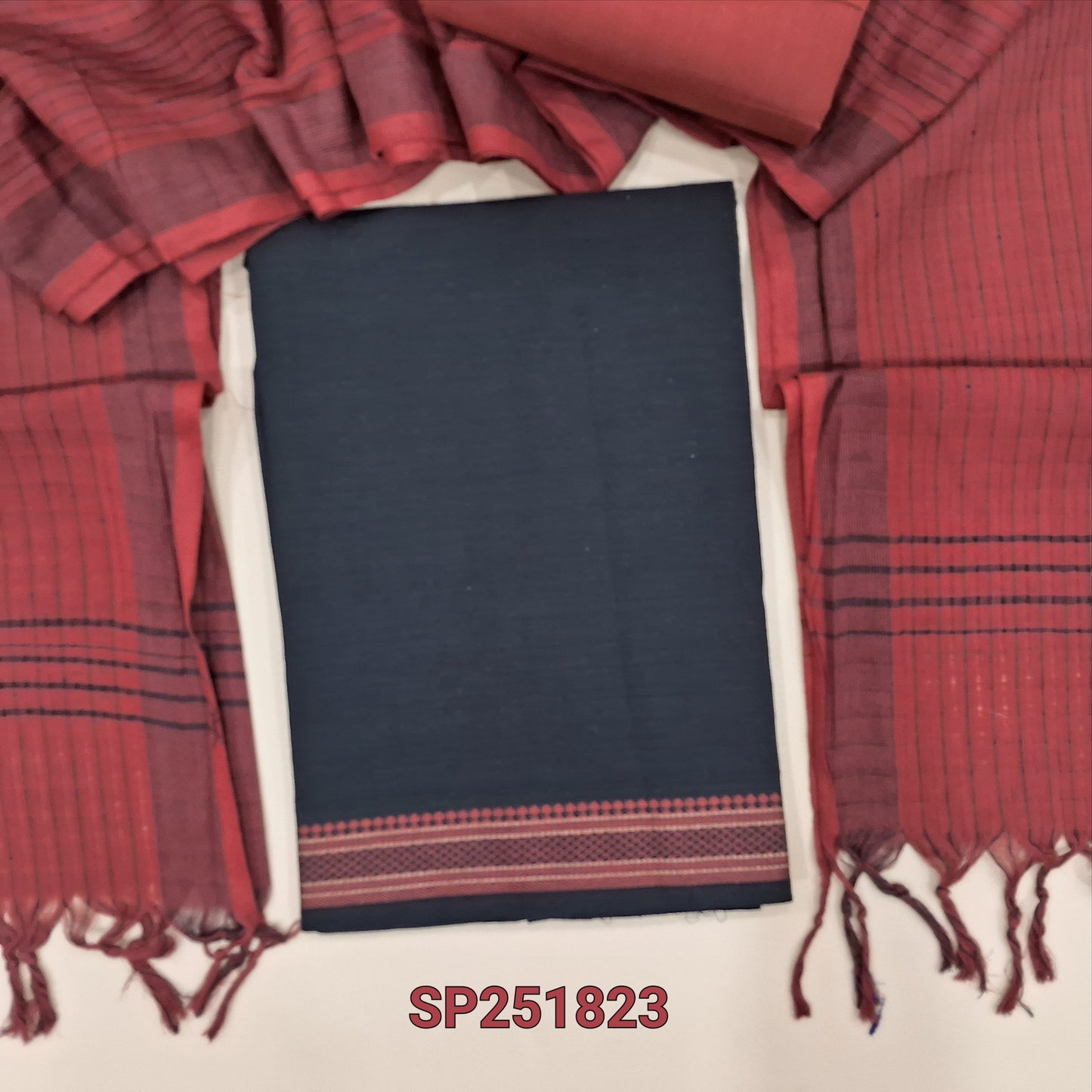 Black handloom cotton unstitched salwar material, thread woven borders (Lining Needed) Maroon cotton bottom, Handloom cotton checkered dupatta with borders. SP251823
